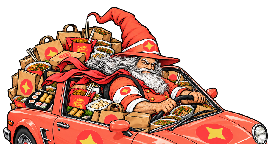 Scroggy the delivery wizard at the wheel of a red car piled with takeaway bags, noodle boxes and sushi trays